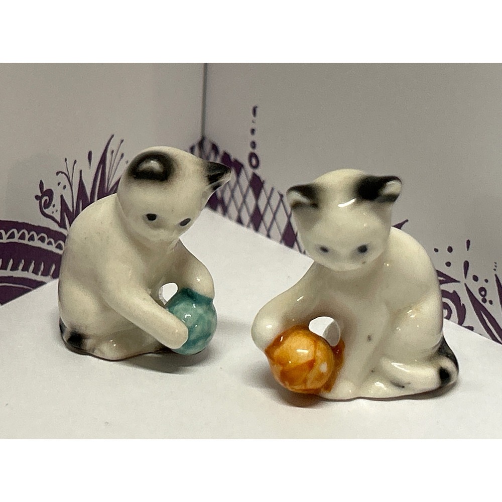 Vintage Goebel West Germany Miniature Porcelain Cats Playing with Yarn Set of 2